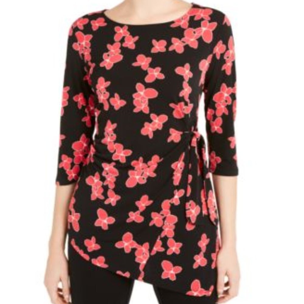 Alfani Blouse PXL Floral Side Tie Black Pink 597